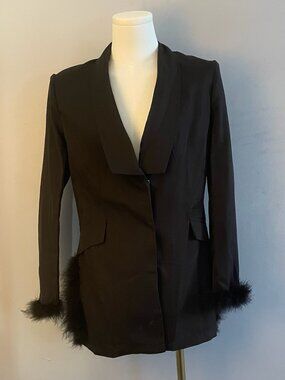Halibuy Black Feather Trim Long Sleeve V-Neck Button Mini Dress Size L